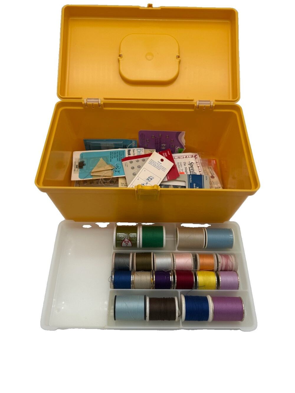 Vintageg Wil-Hold Wilson Yellow Sewing Box Tray Thread Notions Lot Made In USA